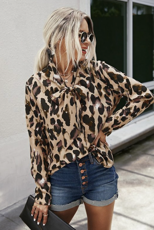 Leopard tie front blouse