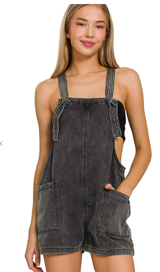 WASHED KNOT STRAP ROMPERS (BLACK)